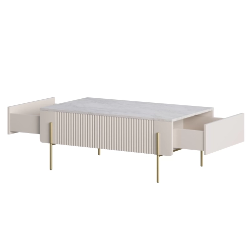 Stolik kawowy z szufladami Malmi 100 cm - kaszmir / crema bianca / złote nóżki